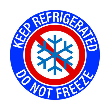 Keep refrigerated, do not freeze. Information label sign for food with ban symbol and circle textのイラスト素材