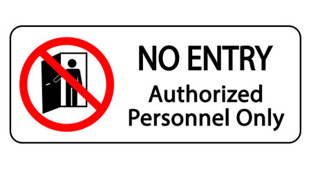 No entry, authorized personnel only. Ban sign with silhouette of person opening a door and text.のイラスト素材