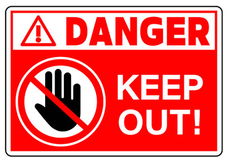 Danger, keep out. Ban sign with stop hand gesture and text on red background.のイラスト素材