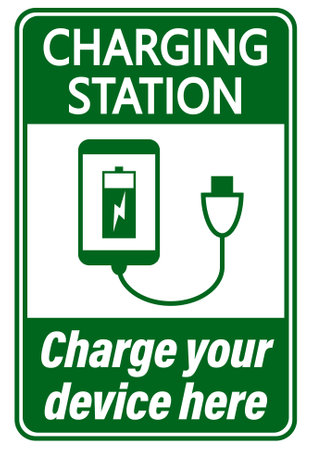 Charge your devices here. Information sign for recharging battery of mobile phone, tablets and other electric devices in mall or public placeのイラスト素材