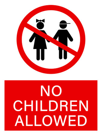 No children allowed, ban sign with the silhouettes of a boy and a girl. Text below on red background.のイラスト素材