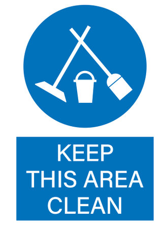 Keep this area clean. Mandatory round blue sign with silhouette of broom, mop and bucket. Text below.のイラスト素材