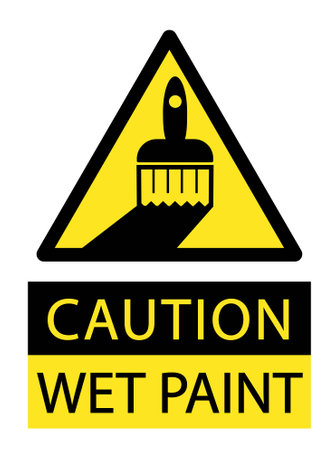 Caution, wet paint. Yellow triangle sign with paintbrush. Text below.のイラスト素材