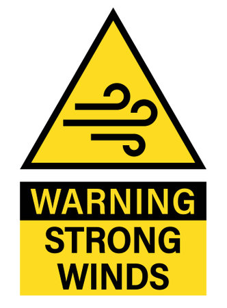 Warning, strong winds. Yellow triangle warning sign with wind pictogram and text below.のイラスト素材
