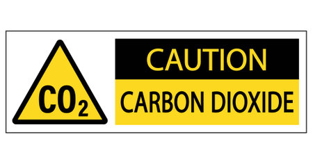 Caution, carbon dioxide. Yellow triangle warning sign with CO2 symbol and text by side.のイラスト素材