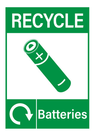 Recycle sign for used batteries with symbol and text.のイラスト素材