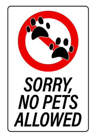Sorry, no pets allowed. Ban sign with animal footprints inside and text.のイラスト素材
