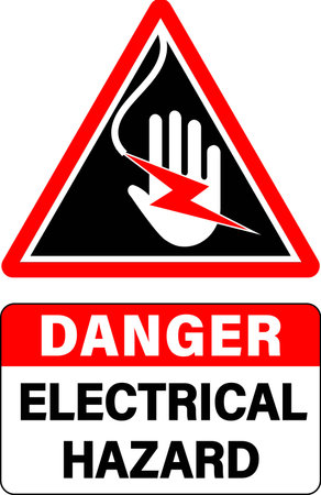 Danger, electrical hazard. Warning triangle sign with symbols of hand, wire and electric shock. Text below.のイラスト素材