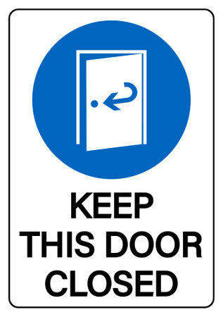 Keep this door closed. Blue round mandatory sign with symbol and text belowのイラスト素材