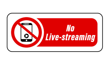 No live streaming at this event. Ban sign with smartphone. Text on the right in red background.のイラスト素材