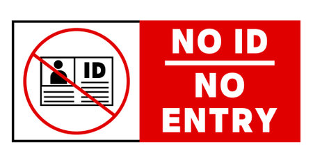 No ID card, no entry. Ban and warning sign with symbol and text.のイラスト素材