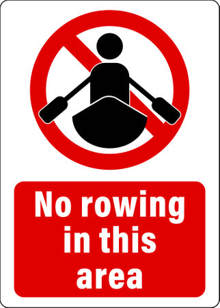 No rowing in this area. Prohibition sign with front view pictogram of person, oars and kayak. Text belowのイラスト素材