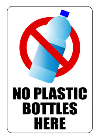 No plastic bottles here. Ban sign with silhouette of single use bottle and text.のイラスト素材