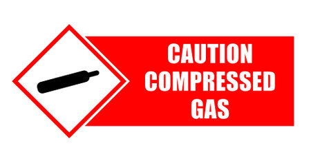 Caution, compressed gas. Warning and safety label sign with symbol and text by side.のイラスト素材