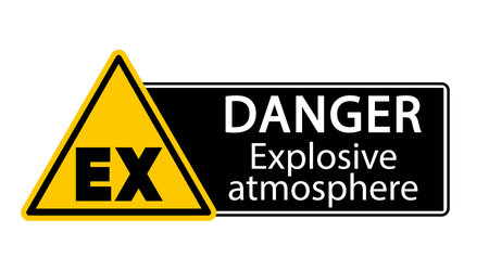 Danger explosive atmosphere. Yellow triangle warning sign with symbol and text by side.のイラスト素材