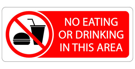 No eating or drinking in this area. Prohibition sign with symbols. Text by right side on red background.のイラスト素材