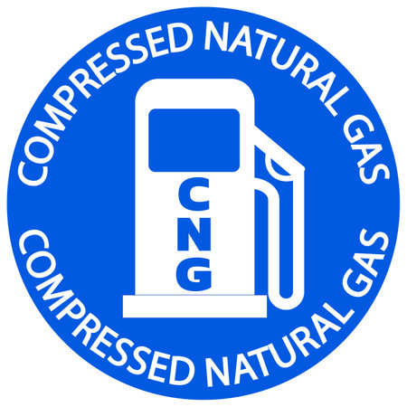 Compressed natural gas station for vehicles. Round blue sign with symbol and circle text. Information label sign.のイラスト素材