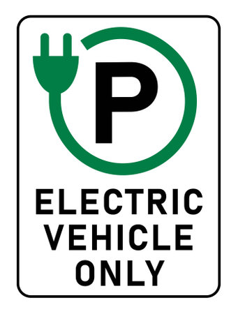 Electric vehicle only, reserved parking sign with the letter P in the middle of a green round wire with electrical plug. Text below.のイラスト素材