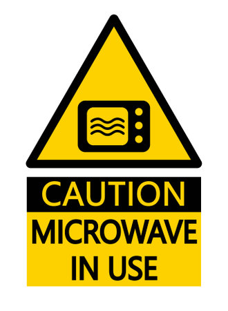 Caution, microwave in use. Warning yellow triangle sign with symbol and text below.のイラスト素材