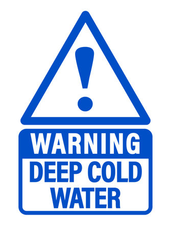 Warning, deep cold water. Warning triangle sign with blue and white colors. Text below.のイラスト素材