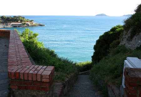 view of the castle and the town of Lerici, Liguria, Italyの写真素材