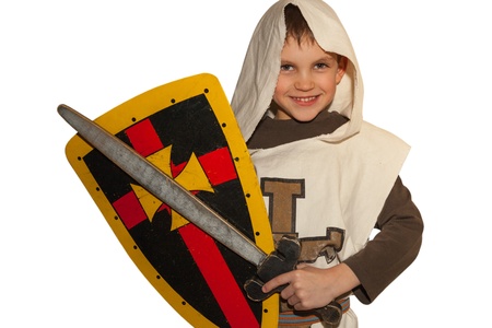Boy in costiume of knight play and smile  White background の写真素材