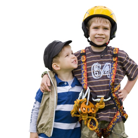 Two brothers  One in a harness for climbing  Hug  white background の写真素材