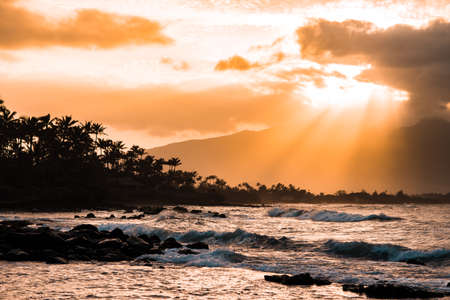 Tropical Island Paradise of Maui Hawaii at Sunset with Beautiful Ocean Scene of Waves Crashing On Rocks, Sun Rays Coming Through Clouds Over Mountains, and Palm Tree Silhouetteの写真素材