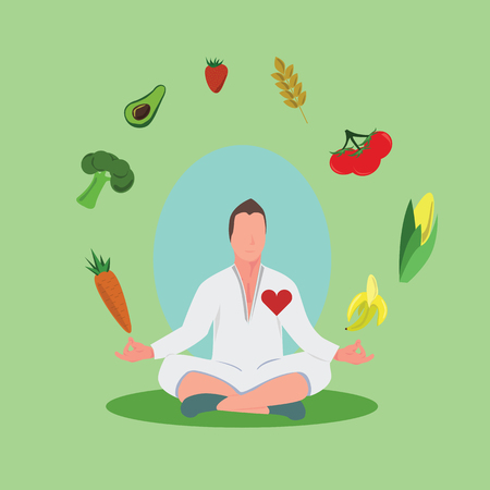Vegan meditation in the middle of fruit and vegetableのイラスト素材