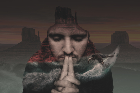 Man dreaming about traveling and surfing