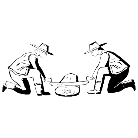 Sawmill. Two men cutting Wood.のイラスト素材