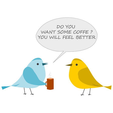 Bird with cup of coffee. Conversation of two birdsのイラスト素材