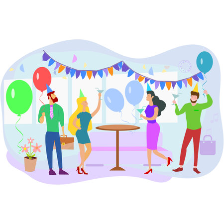 Happy people having fun at office party. Excited office girls and guys celebrating success together. Corporate party, team building activity, corporate event idea concept.のイラスト素材