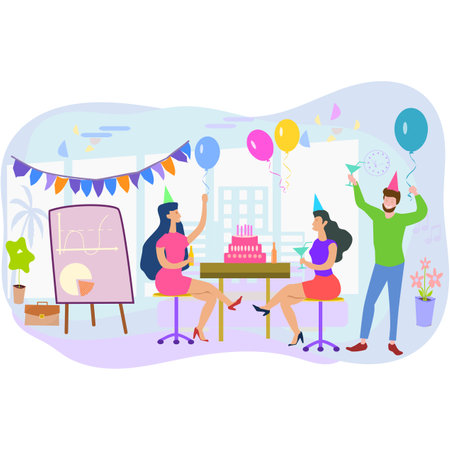 Birthday party flat vector illustration. Man and woman sitting at table with cake and balloons.のイラスト素材