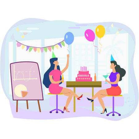 Happy people having fun at office party. Excited office girls and guys celebrating success together. Corporate party, team building activity, corporate event idea concept.のイラスト素材