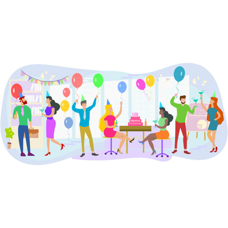 Happy people having fun at office party. Excited office girls and guys celebrating success together. Corporate party, team building activity, corporate event idea concept.のイラスト素材