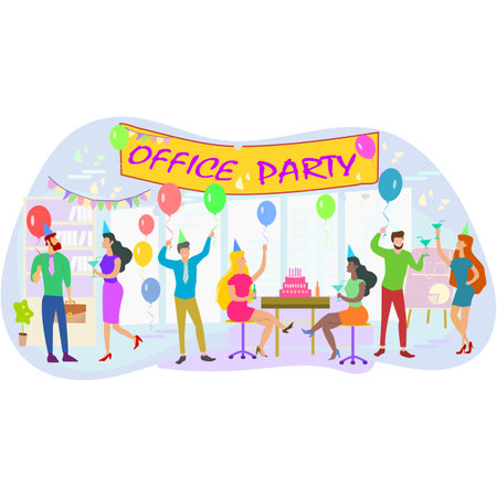 People Celebrating Birthday Party Flat Vector Illustration. People Celebrating Anniversary, Celebrating Anniversary.のイラスト素材