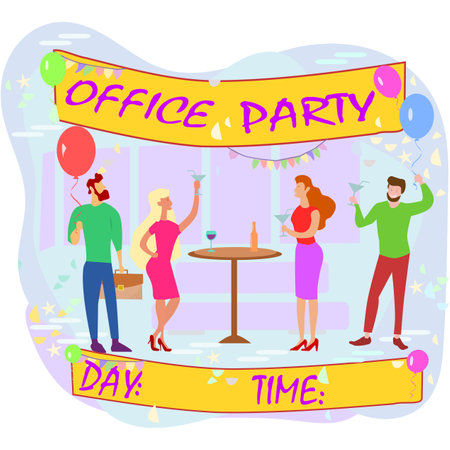 Happy people having fun at office party. Excited office girls and guys celebrating success together. Corporate party, team building activity, corporate event idea concept.のイラスト素材