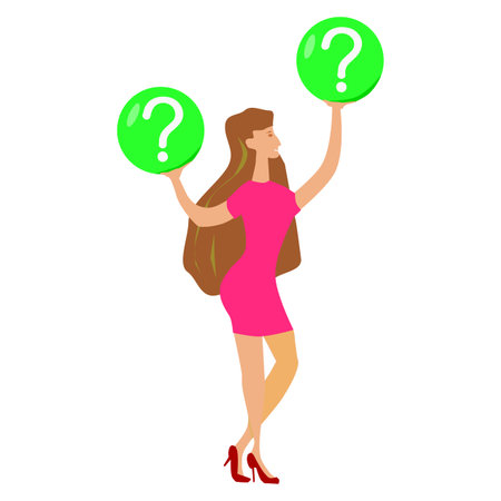 Woman holding question mark and exclamation mark. Flat vector illustration.のイラスト素材
