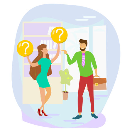 Businessman and businesswoman with question mark in office. Flat vector illustrationのイラスト素材