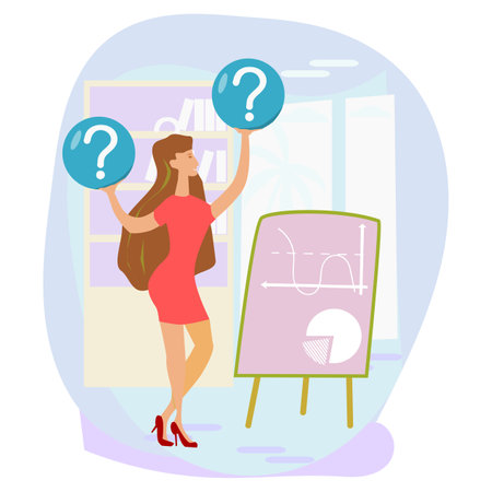 Businesswoman holding question mark on a whiteboard. Vector illustration.のイラスト素材