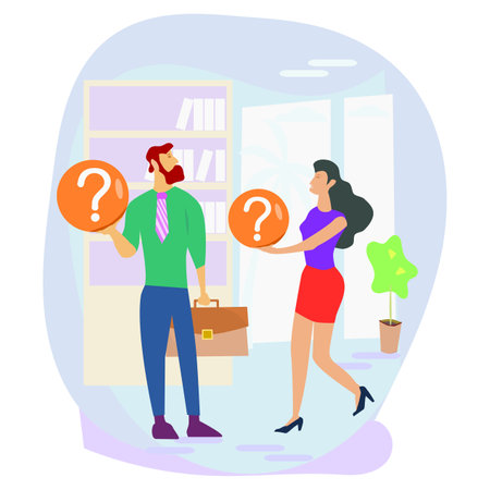 Businessman and businesswoman standing in office with question marks. Vector illustration in flat styleのイラスト素材