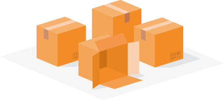 Small town of boxes. Urban packaging made with boxes and signs. Vector illustration of roads,...