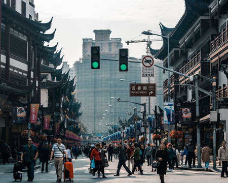 Bustling and Busy street photo at HuangPu, Shanghai, China near ChengHuang Temple with tourist and localsのeditorial素材