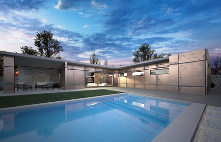 Luxury modern house with the interesting facade and luxury materials from cupre. Thanks its chape L creates a relaxation zone with swim pool. Big terrace for sitting. This house is for luxury life.の写真素材