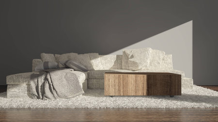 Modern living room with sofa (sitting)  Modern design of equipment, materials. Luxury wood highlight floor, Grey wall. Comfortable sofa with a pleasant softly hairy carpet. Beautifully all sunlit.の写真素材