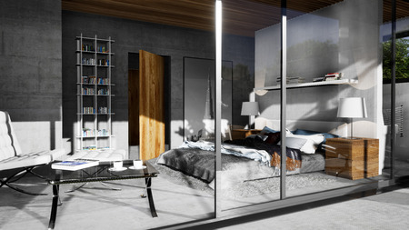 3D visualization - design of modern interior, bedroom with visible concrete walls in white villa.  Clean design and materials.の写真素材