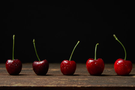Five sweet red cherries with stalks and leaves in a row on a wooden table. Black background. Food and fruit concept. Copy spaceの写真素材