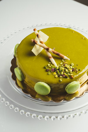 delicious homemade cake with pistachio macarons and wafers on top in a glass cake plateの写真素材