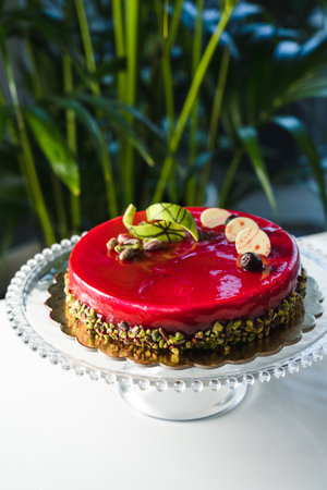 Red mirror half glazed cake with pistachio and chocolate on topの写真素材